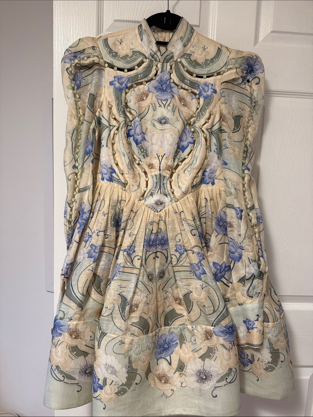 Zimmermann Cream & Blue High-Neck Long-Sleeve Floral Mini Dress